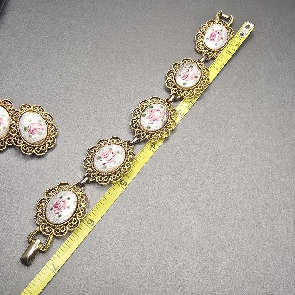 VTG Coro Rose Guilloche Bracelet & Clip-On Earrings Set Gold Tone Filigree - Picture 9 of 12
